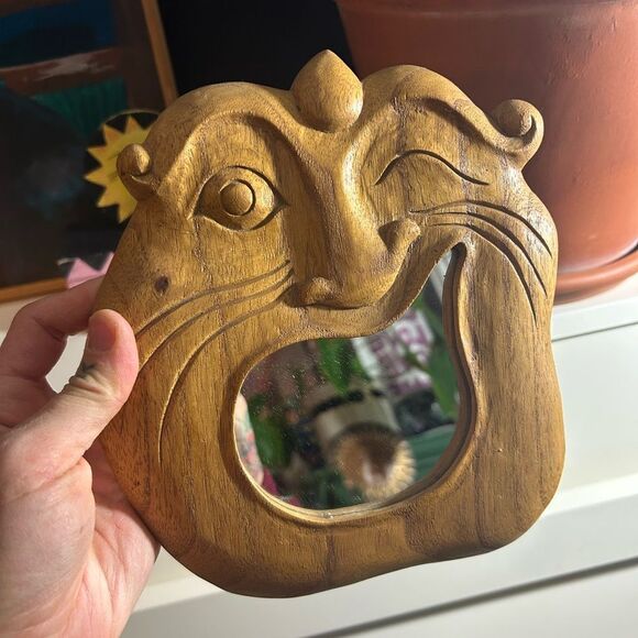 None Other - Whimsical Brown Wooden Human Face  Mirror Handcrafted Indonesia 7.5” X 8.5